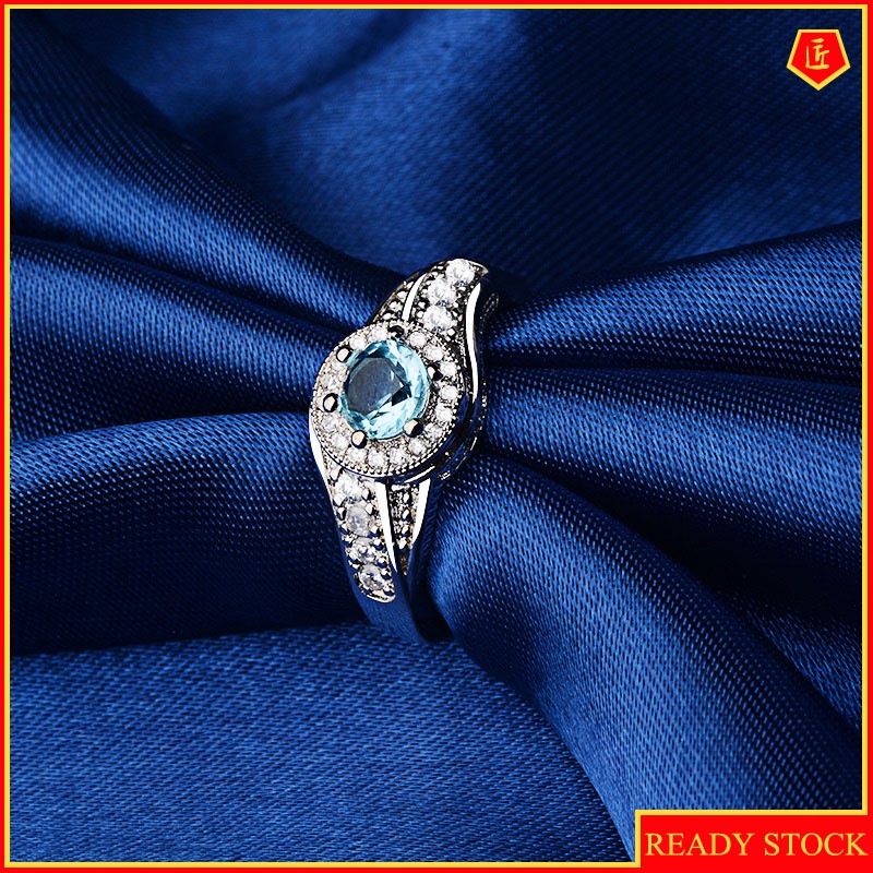 [Ready Stock]925 Silver Ring Full Diamond Spring Shape Inlaid Blue Gem