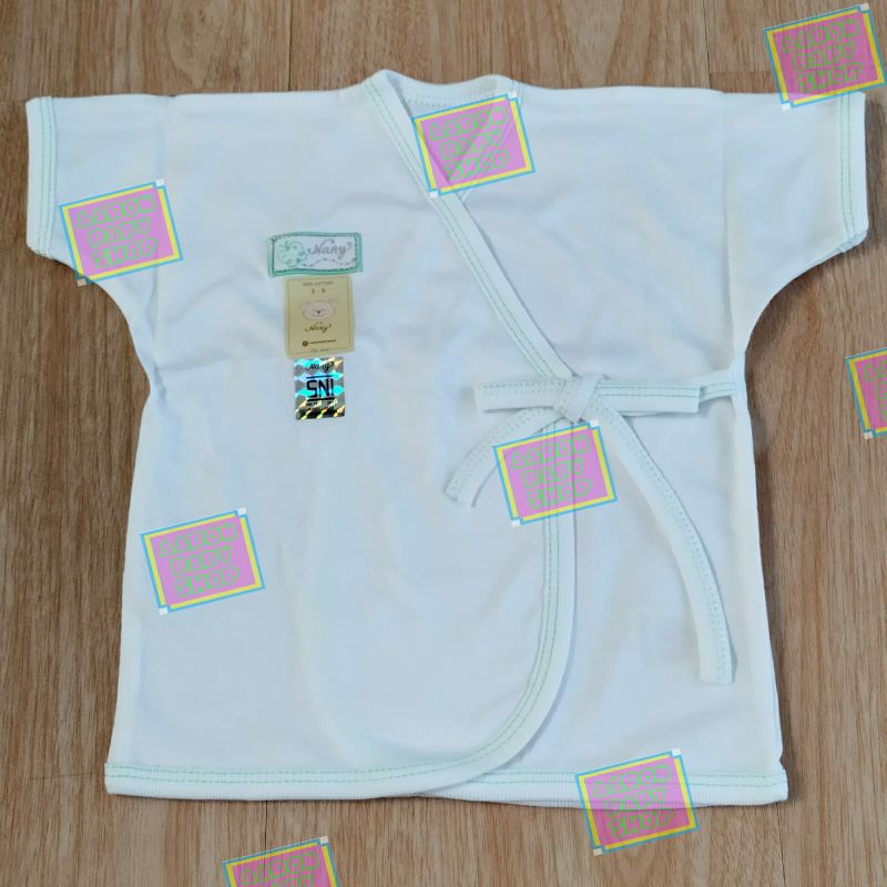 Baju Bayi Kimono Pendek NARY Size 0-3 / 3-6 bulan Warna / Putih Katun Premium Newborn SNI (KPDK)-Putih-List Hijau