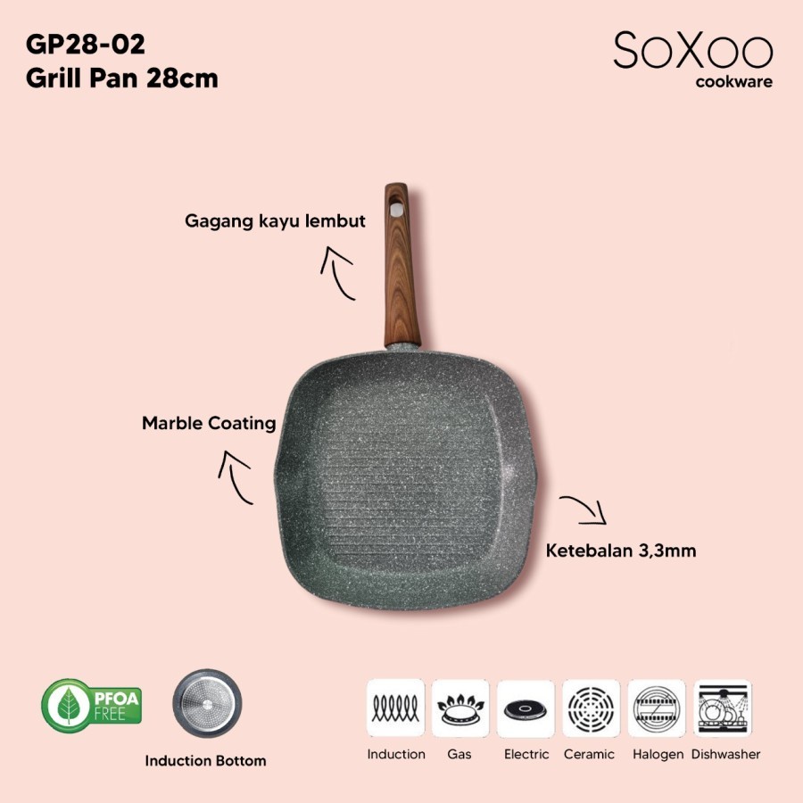 Soxoo Cookware Grill Pan Marble 28 cm GP28-02 Pemanggang Alat Panggang