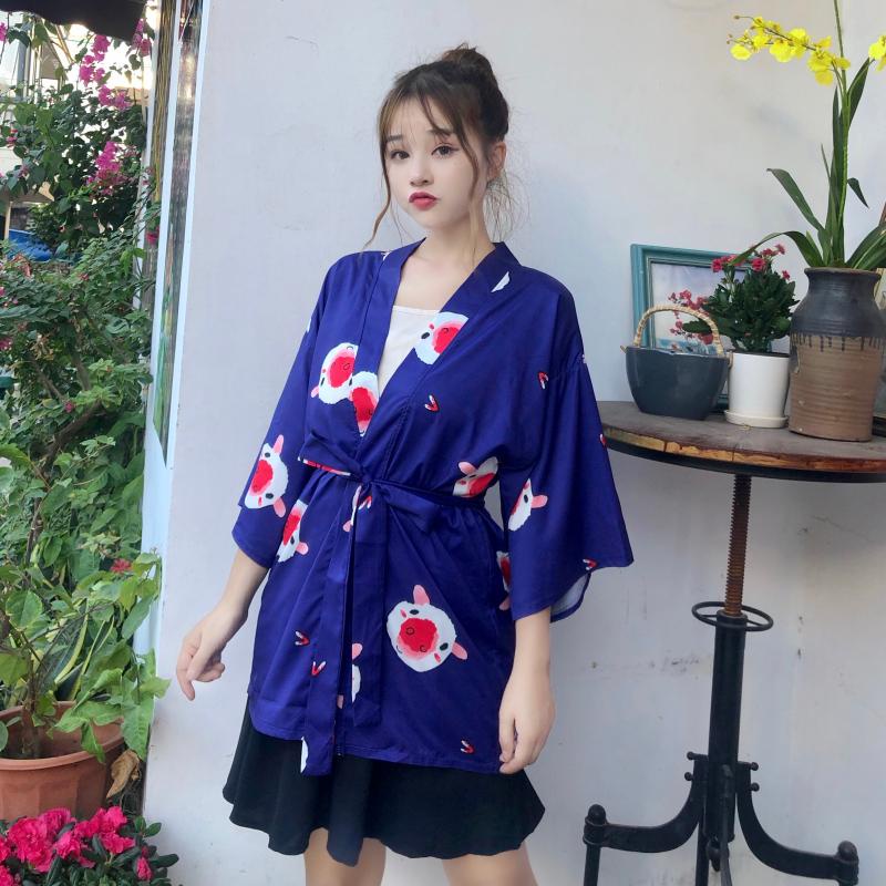 2022 Fashion Casual Pink Purple Street Beach Cardigan Kimono Wanita Motif Jepang Harajuku Kimono Longgar Warna 2023t