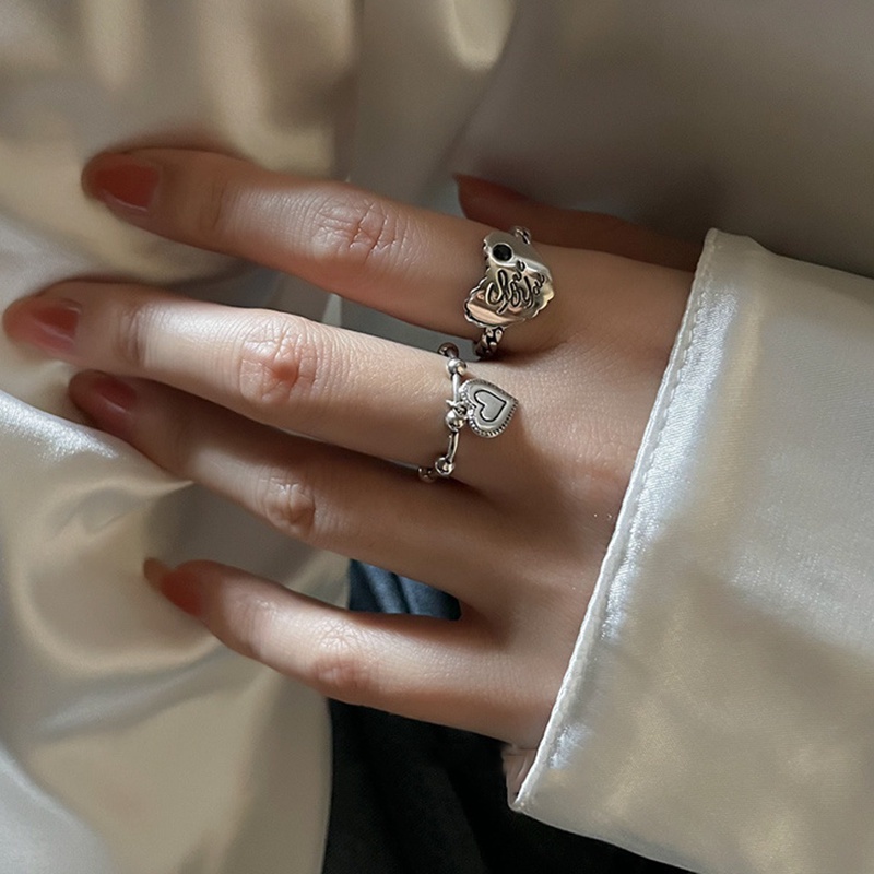 Set Perhiasan Cincin Silver Retro Desain Hati Tulisan Love You Untuk Wanita