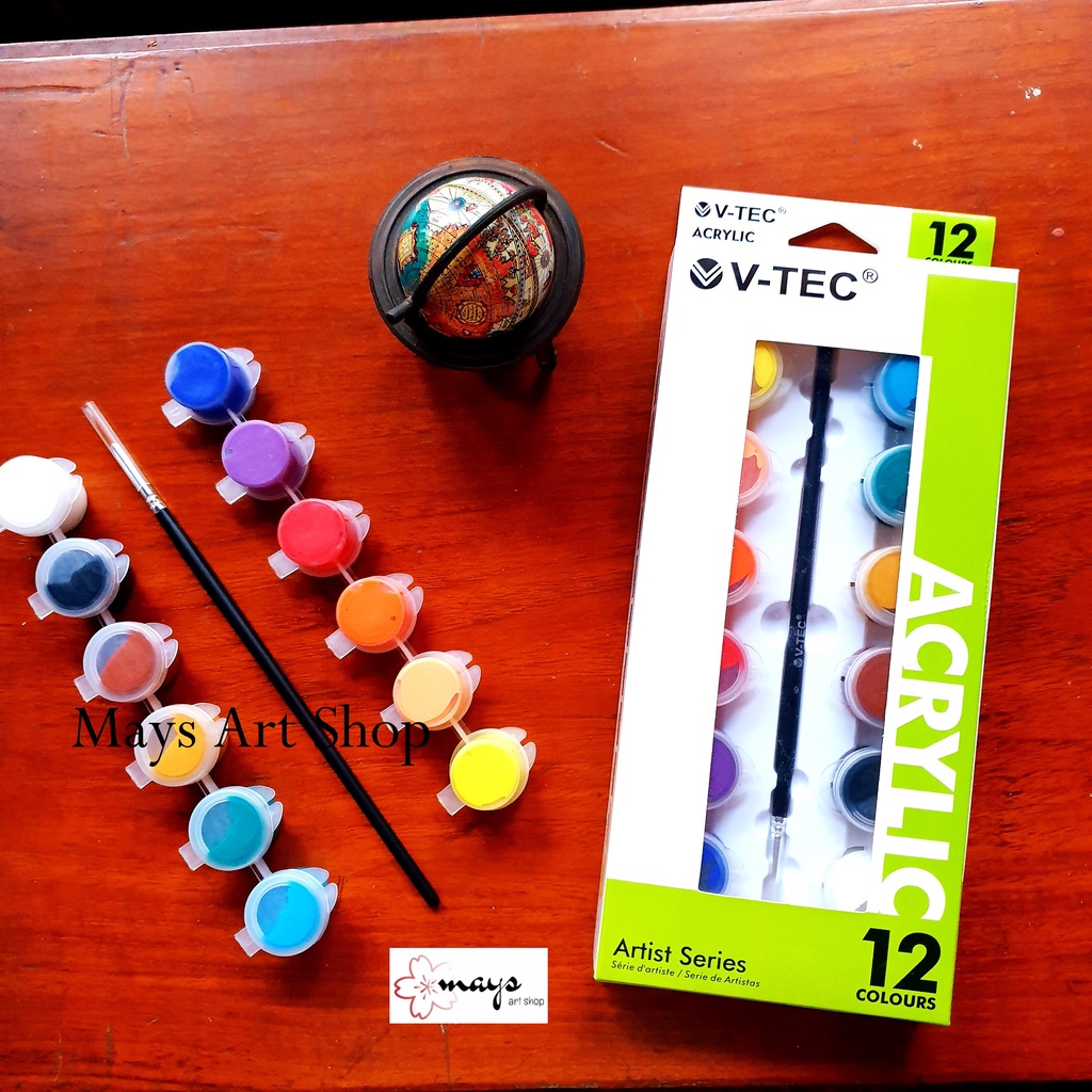 

HJK Cat Lukis Akrilik V-Tec dan Kuas Set Isi 12 Warna Dasar 5 ml Plus Tube Botol Tempat Cat / Vtec