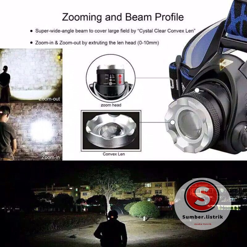 Senter Kepala LED Zoom Super Terang Headlamp LED Cree XML T6 Waterproof Anti Air