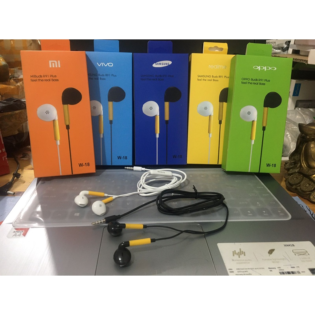 Headset brand W-18 universal Earphone / handsfree samsung / oppo / realme / vivo / mi A54 A74 A94 F3 F5 A31 A91 A59 A39 A57 reno 2F/3/4/4F/5 A3S A5