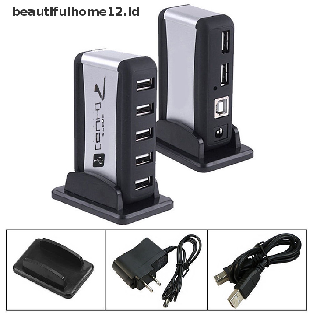 【beautifulhome12.id】 USB 7-Port HUB Powered With AC Adapter Cable High-Speed EU/US Plug For PC Laptop .