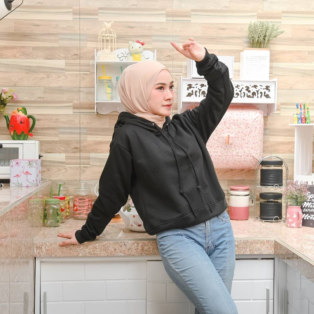 Hoodie Crop Bella - Allsize - Bahan Fleece - Wanita