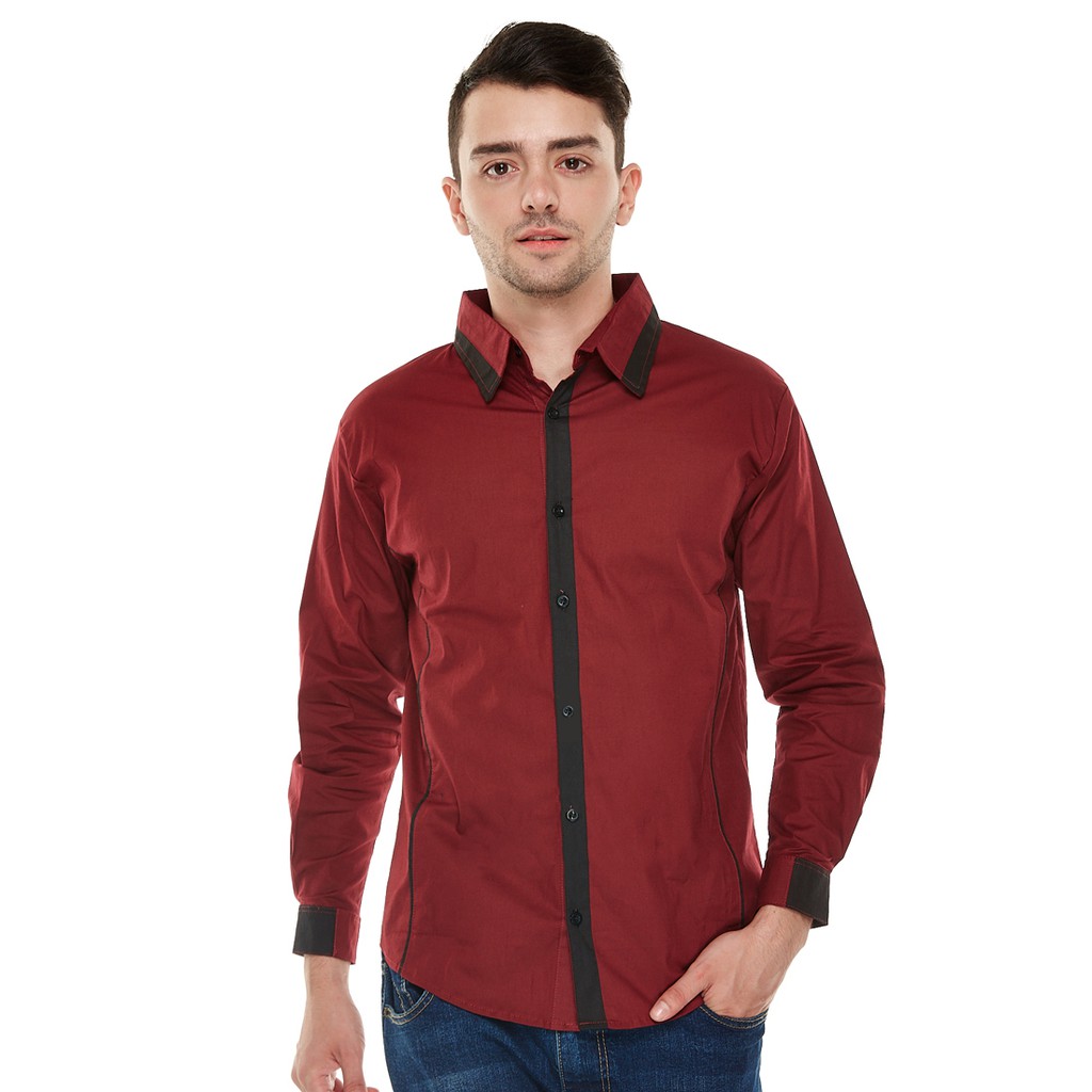 HEM KEMEJA COWOK PRIA WARNA MAROON MERAH KATUN STRETCH 100% KOMBINASI BORDIR LENGAN PANJANG PREMIUM