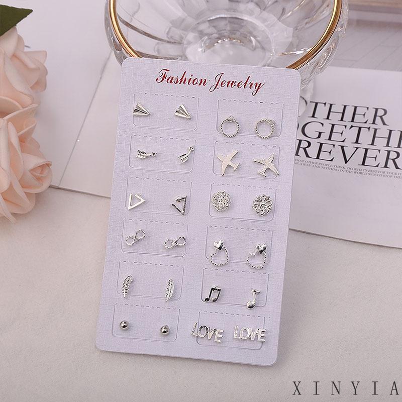 12 Pasang / Set Anting Tusuk / Stud Model Campur Bahan Silver Untuk Wanita