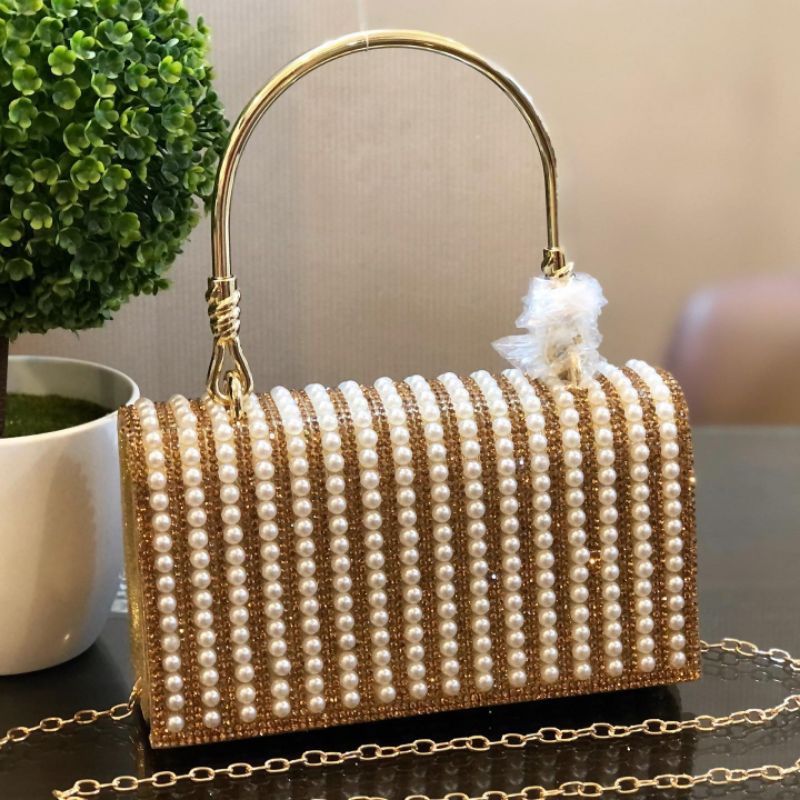 Tas Pesta ALLYSA Embellished Crystal &amp; Pearl Box Clutch