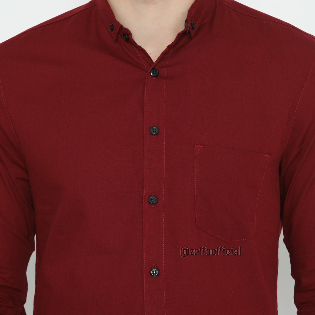 Zaffa Kemeja Polos Pria Lengan Panjang Pendek Formal Katun Poplin Kerja Kuliah Maroon Basic Shirt Slimfit Z-3002