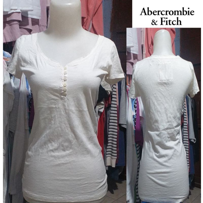 T-Shirt Henley White Abercrombie & Fitch Kaos Berkancing branded wanita
