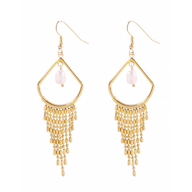 LRC Anting Tusuk Fashion Oval Tassel Pearl Scallop Tassel Earrings D70306