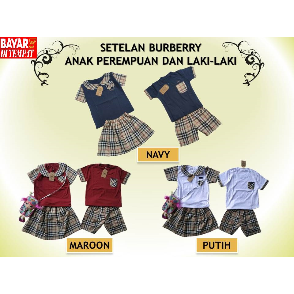 SETELAN ANAK PEREMPUAN DAN LAKI LAKI MOTIF BURBERRY (COD) / CELANA PENDEK / ROK /KAOS MOTIF BURBERRY