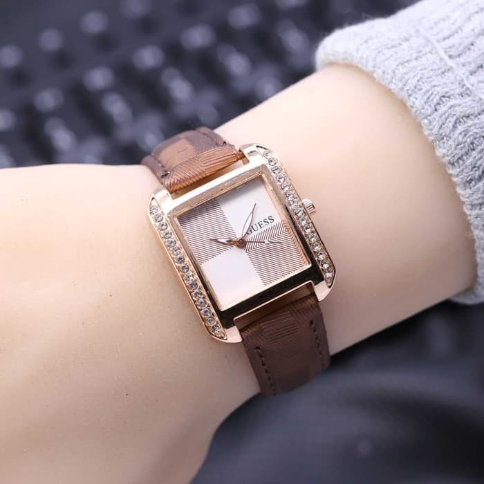 Diskon Jam Tangan Wanita Cewek Guess Segi Catur Leather Dark Brown Terlaris