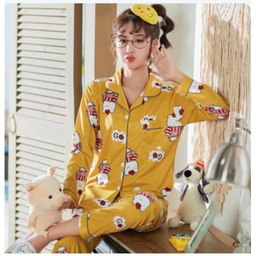 Piyama pp wanita | baju tidur lengan panjang wanita import spandek krah kancing-PpK KITTY GO