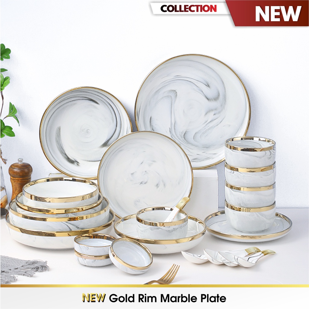 IMPERFECT Piring Mangkok Makan Keramik Ceramic Bowl Cantik Motif Marmer Marbel Marble Plate Gold Rim