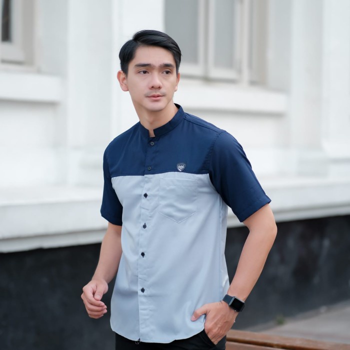 TERLARIS - KOKO KURTA BAJU MUSLIM PRIA TERBARU KOKO KOMBINASI - navy abu, M