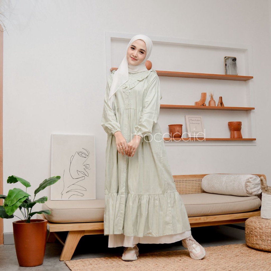 midi dress katun jepang premium busui friendly motif kotak kecil pastel baby warna soft ada saku bisa gosend