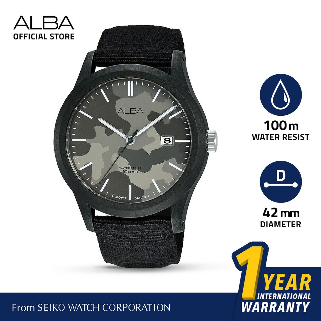 Alba Active Jam Tangan Pria AS9K33 / AS9K33X1 Quartz Green Army Camouflage Dial Black Nylon Strap Wa