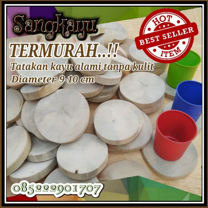 Tatakan gelas kayu alami tanpa kulit diameter 9-10 cm