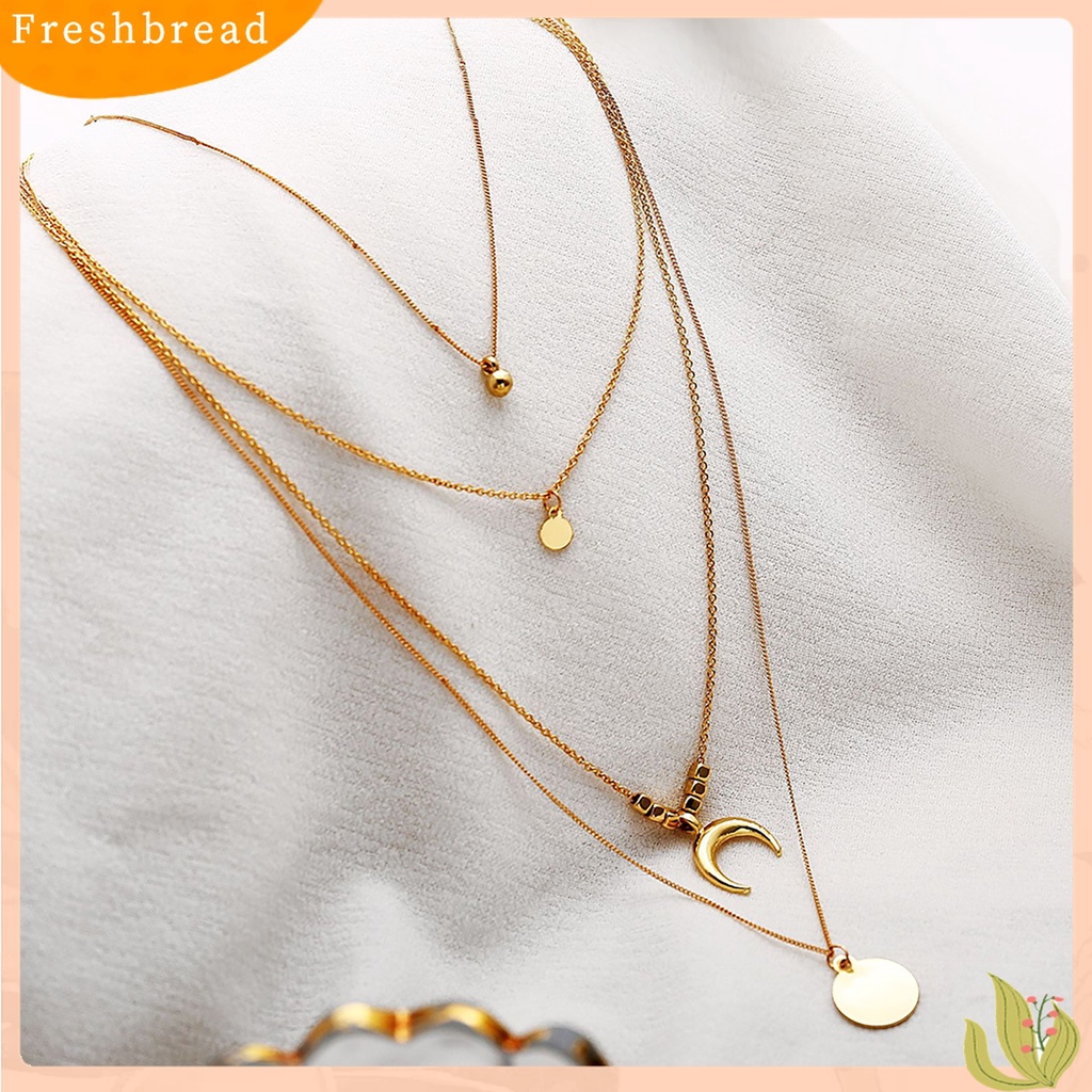 [Fresh]Women Crescent Moon Bell Round Pendant Multi Layer Chain Necklace Jewelry Gift