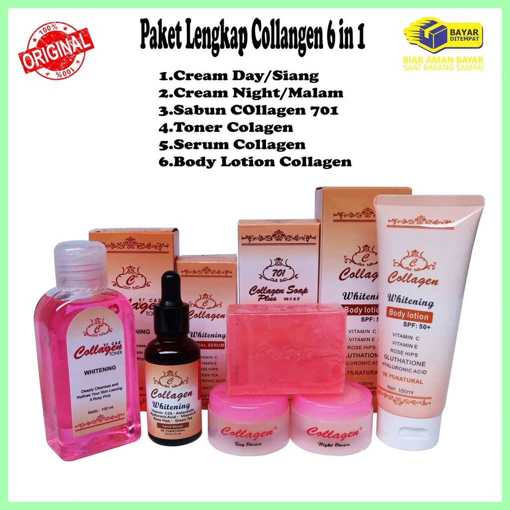 Paket Cream Collagen Terlaris Extra Super Komplit / Paket Cream Collagen Terbaik - 6 in 1 ( Cream Day/Siang + Cream Night/Malam + Sabun + Toner + Serum + Lotion Gluthatione)