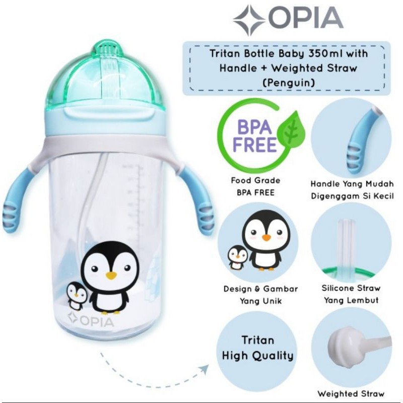 OPIA Tritan Bottle Baby 350ml Penguin - Weighted Straw Handle Bottle