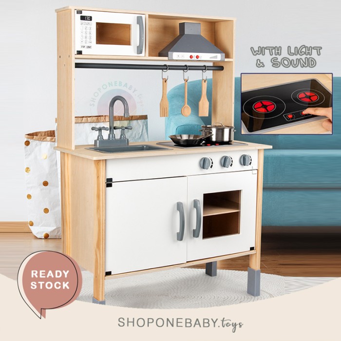 JKT Mainan Dapur Kayu Anak IKEA Style Play Kitchen Set with Light & Sound Wooden Toys Nyala