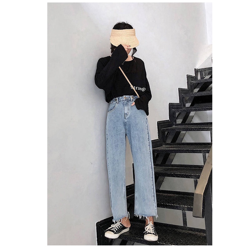 Korean New high waist straight celana jeans panjang wanita