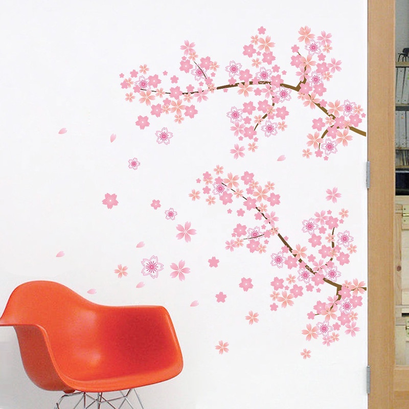 Stiker Dinding Motif Bunga Plum Blossom Warna Pink Untuk Dekorasi Ruang Tamu / Kamar Tidur