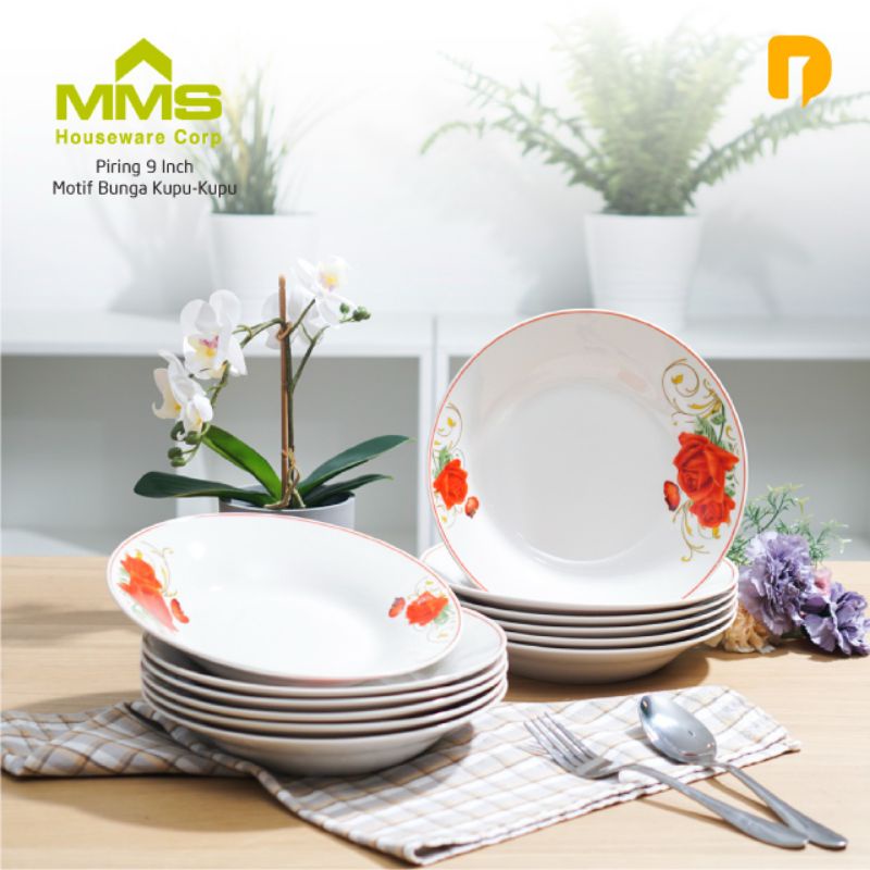 Piring Keramik MMS Piring 9 Inch Motif Bunga Kupu-Kupu