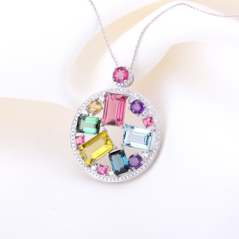 [Ready Stock]Fashion Seven Color Gem round Pendant Necklace