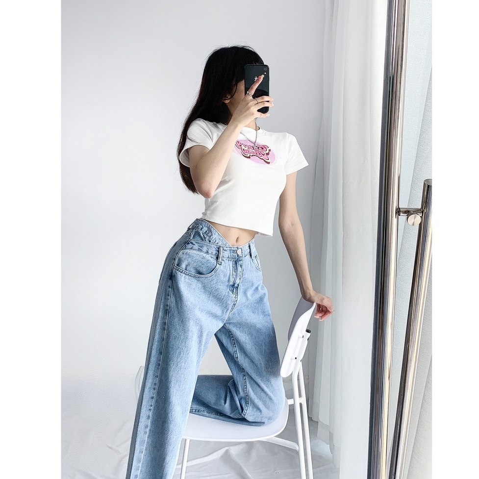 Celana Panjang High Waist Korean Style Straight Jeans Kulot Jeans Biru Wanita Kekinian