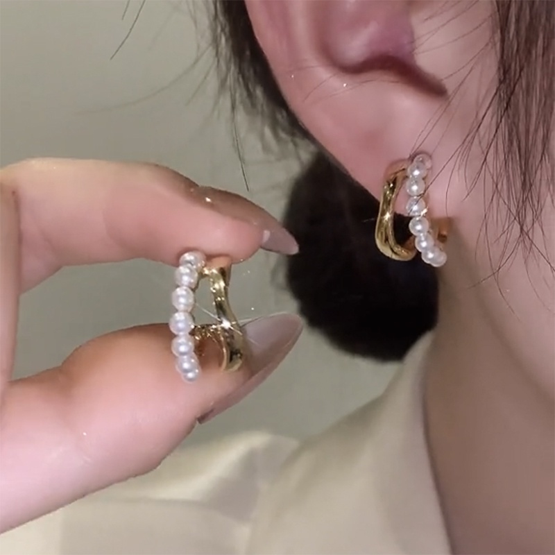 Anting Mutiara Berbentuk C Baris Ganda Sederhana Aksesoris Telinga Korea Wanita