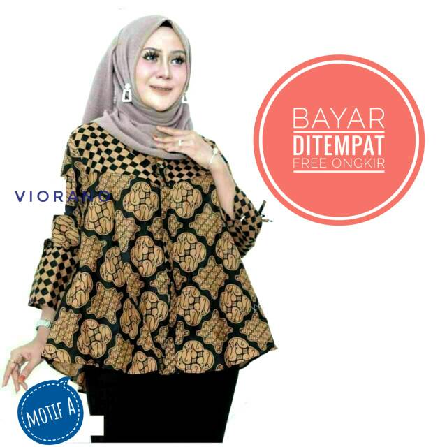 Baju Atasan Batik Muslimah Lengan Terompet / Blouse Wanita Hijab Kancing Lawasan Coklat Berkualitas