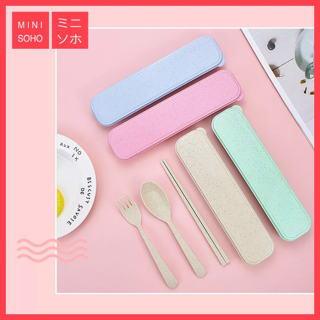 Sendok Garpu Sumpit Set 3 in 1 Bahan Jerami + Kotak Set Perlengkapan Alat Makan Portable Travel