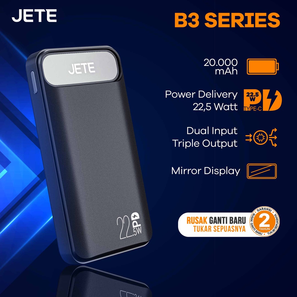 Power Bank 20000mAh Fast Charging PD 22.5W JETE B3 with Triple Output Garansi 2 Tahun