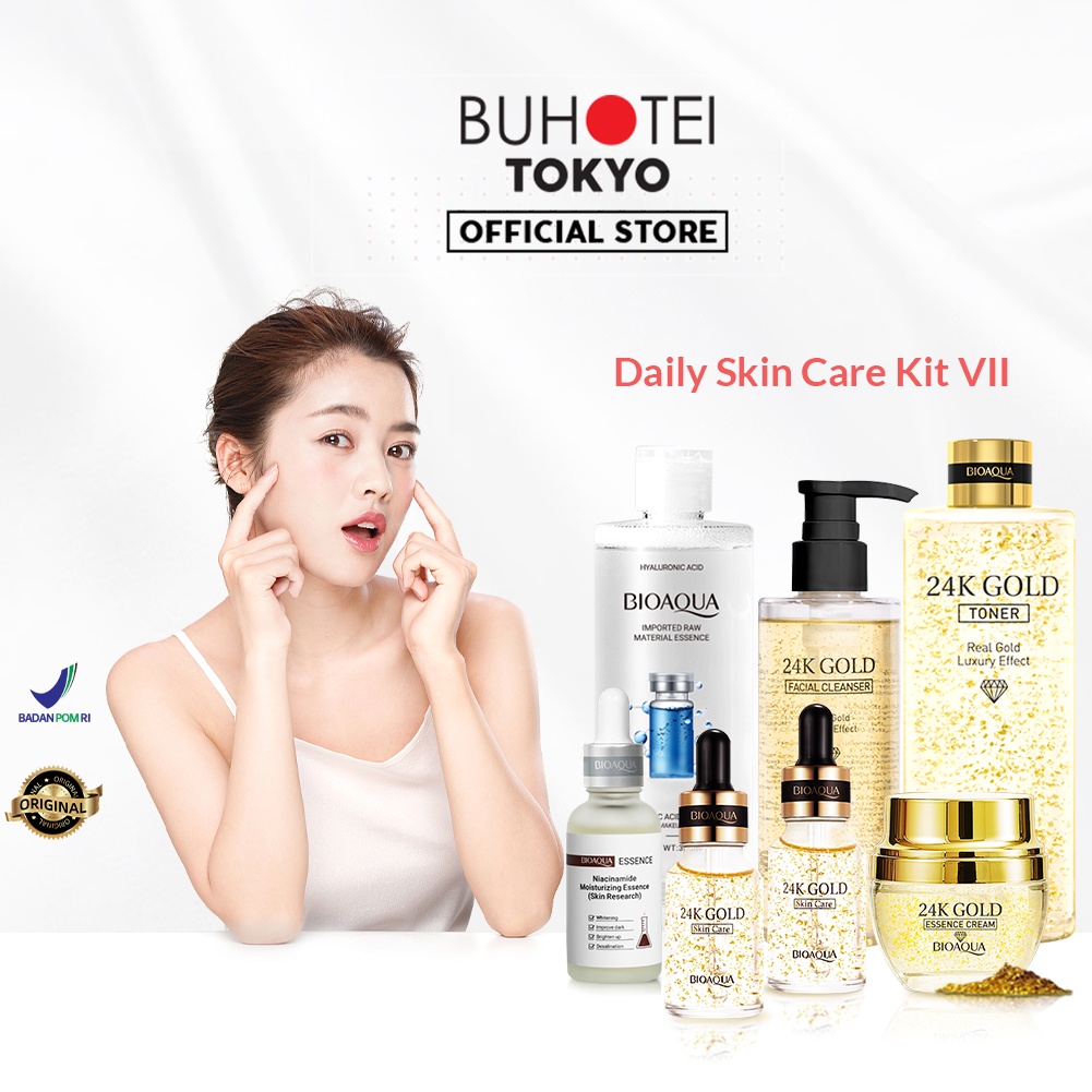 BUHOTEI Bioaqua 24K Gold Skin Care BPOM Skincare Paket Lengkap Whitening dan Brightening Essence Cream Skin Barrier & Gentle Cleanser & Exfoliating Toner & Hydrating Serum Skincare Untuk Kulit Berminyak Acnes Menghilangkan Bekas Jerawat Oil Control-BA-Skin Care Kit VII