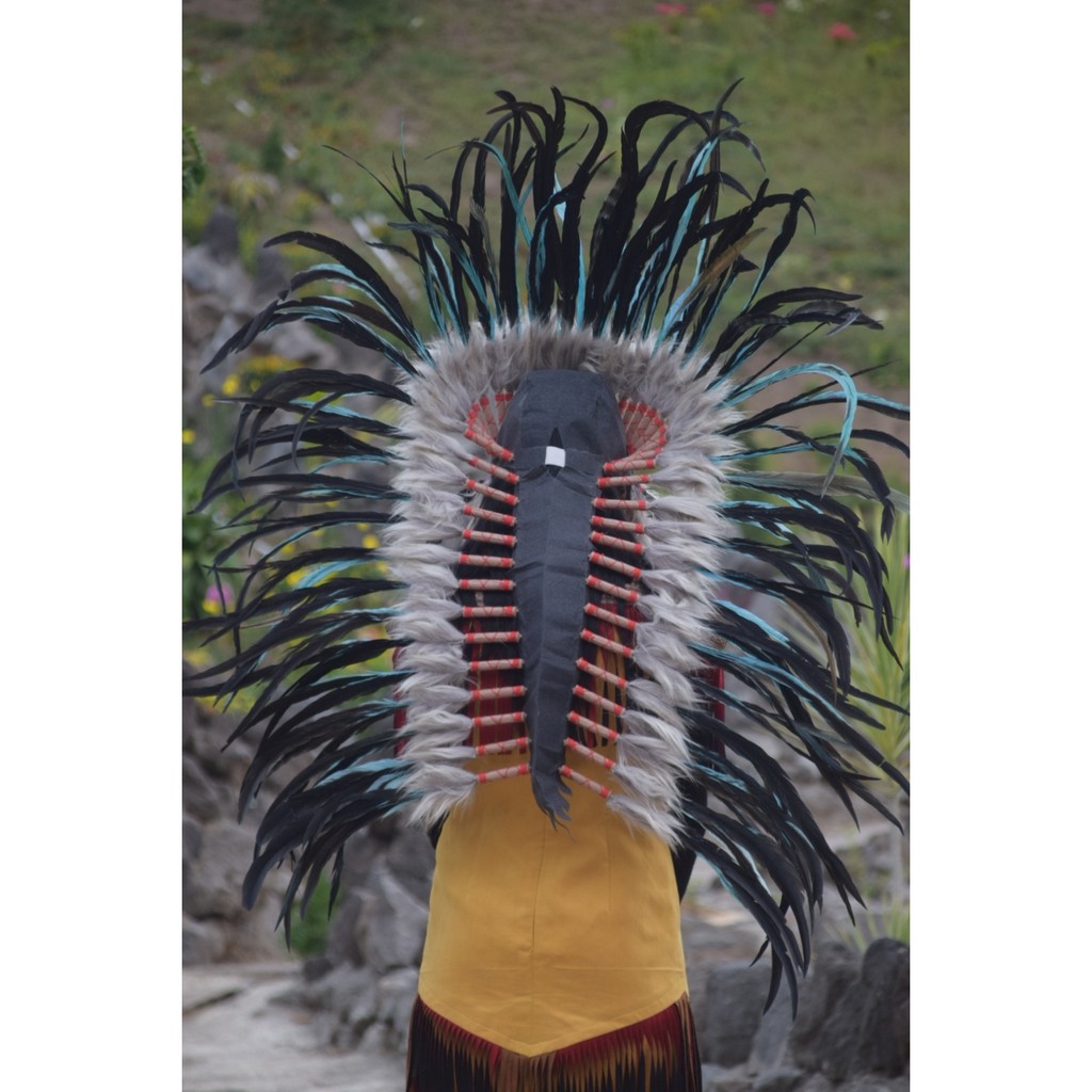 TOPI INDIAN - INDIAN HEADDRESS MEDIUM AYAM NILABONG  TURQUISH FUR COKLAT