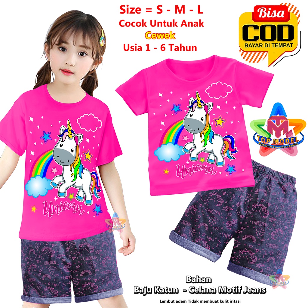 BISA COD &amp; Gratis Ongkir Setelan Baju Anak Celana Jeans UNICON Baby Cewek 1-6 Tahun Wanita TOP MODEL 00059 Baju Anak Pendek terbaru &amp; termurah Bahan Katun Baju Setelan Anak Pendek Paling Tren &amp; Laris Terbaru Kekinian Baju Anak Main Kado Ulang Tahun