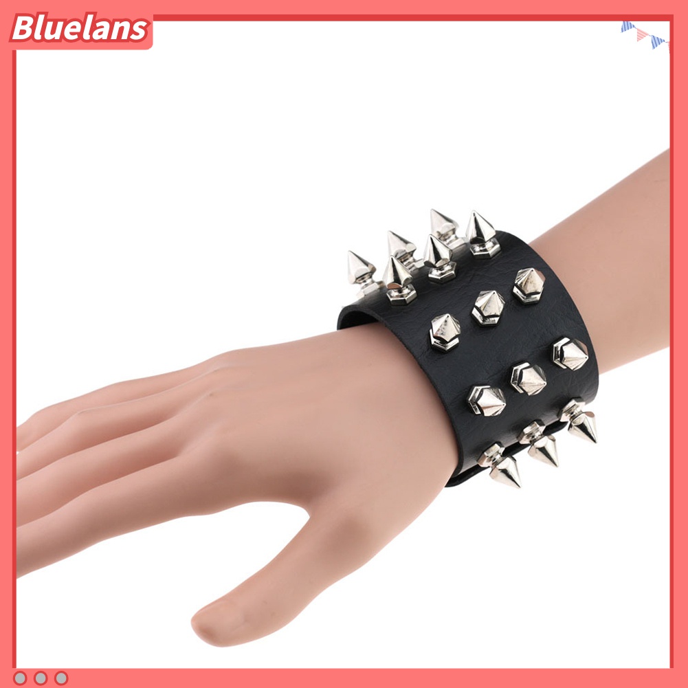 Bluelans Gelang Tangan Kulit Imitasi Aksen Rivet Kerucut Stainless Steel Gaya Punk Untuk Wanita