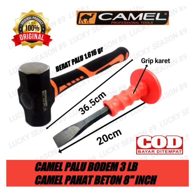 Camel Paket Palu Bodem Palu Batu 3 LB + Pahat Beton Grip Karet 8 Inch