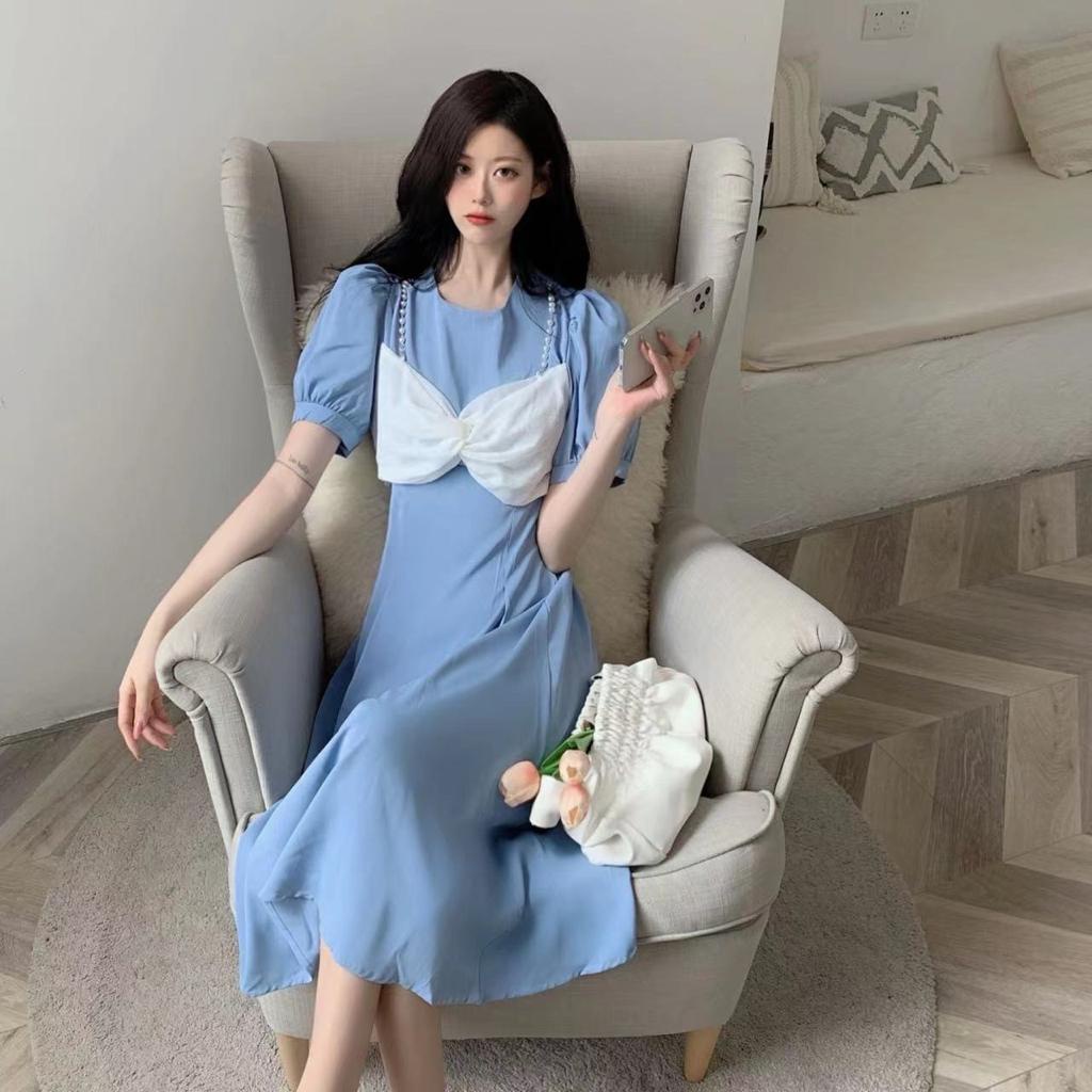 [littlecrab] Dress Pita Putih Biru Langit Hitam Long Dress With Pearl And Ribbon Simple Elegan Gaun Wanita Panjang Lengan Pendek Berkualitas Korean Style