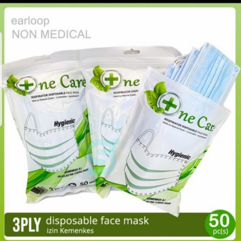 MASKER ONE CARE EARLOOP 3PLY / MASKER ANTI DEBU 1BOX ISI 50PCS /MASKER NON MEDIS SEKALI PAKAI