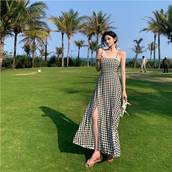 midi dress korea tanpa lengan suspender dress open back houndstooth high waist slit long swing skirt