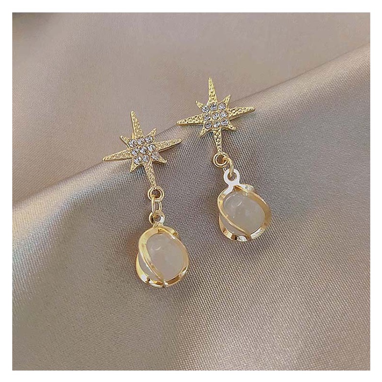 Anting Tusuk Panjang Bentuk Bintang Bahan Sterling Silver 925 Hias Opal + Berlian Imitasi Untuk Wanita