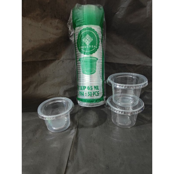 gelas plastik agar/puding bening 65ml+tutup universal 1set isi 50cup