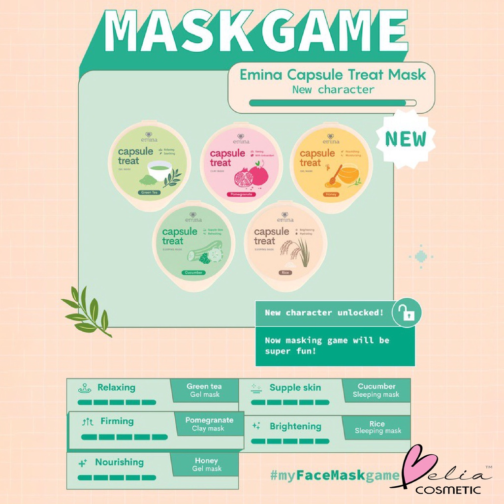 ❤ BELIA ❤ EMINA Masquerade Face Sheet Mask 23g &amp; Capsule Treat Mask | Masker Capsul | Masker lembaran wajah sunflower rice teatree aloe