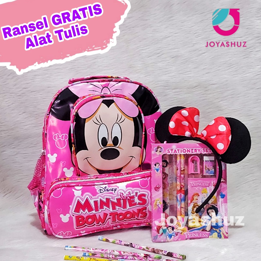 Joyashuz - Tas Sekolah Anak Perempuan Gratis Botol Minum - Ransel Anak minnie - Tas Sekolah Gratis Bando - Tas Minnie bowtoons - Ransel Cantik - Gratis Bando