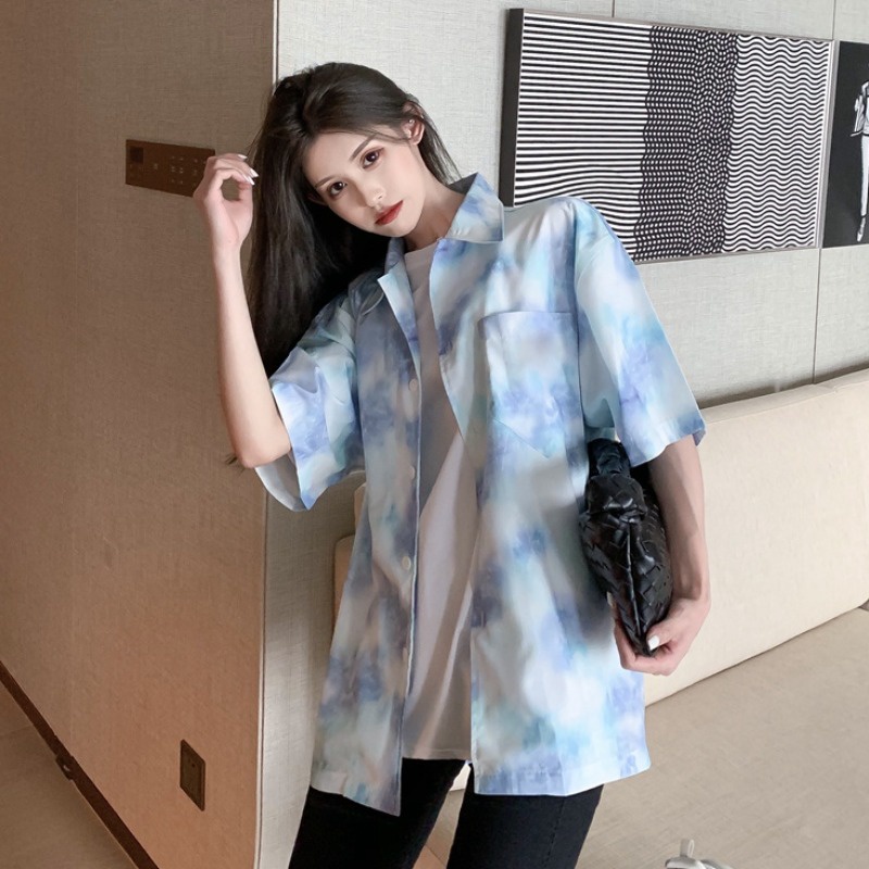 [CUCI GUDANG]Fashion Baru Wanita Korea Tie Dye Kemeja Sifon Longgar Lengan Panjang/Atas Lengan Pendek